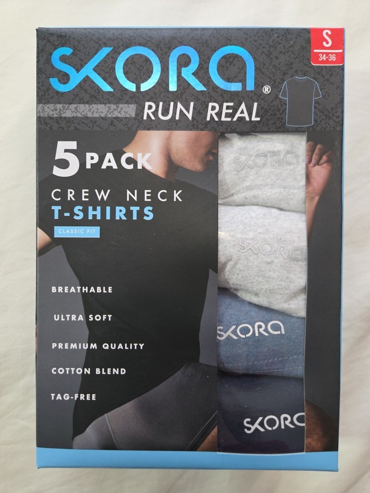 Skora Run Real Men’s 5-Pack Crew Neck T-Shirts Small 34-36 Blend NWT $62.50