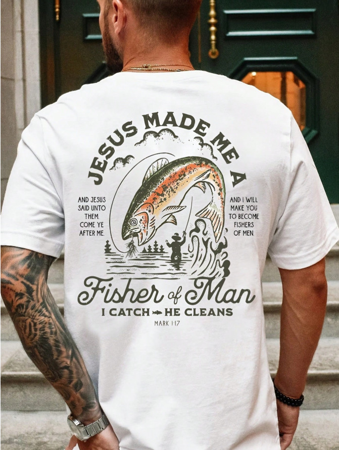 Mens Fisherman Graphic T-Shirt Casual Round Neck Summer Autumn Tee