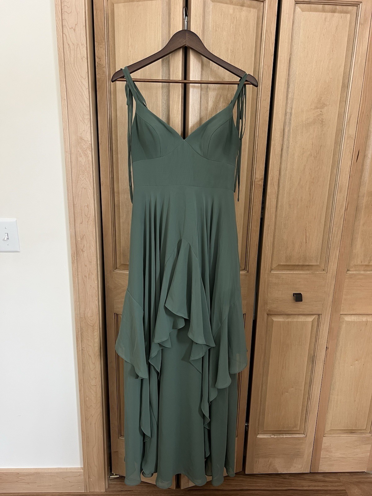 Azazie V-neck Chiffon Tiered A-line Dress in Color Eucalyptus Size A6
