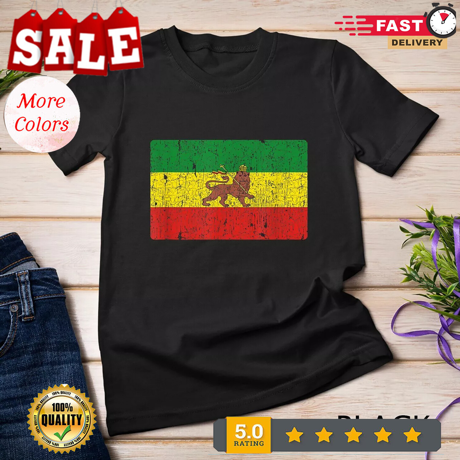 2025/Vintage Rastafari Ethiopian Lion Ethiopia Rasta Pride Flag Unisex T-shirt