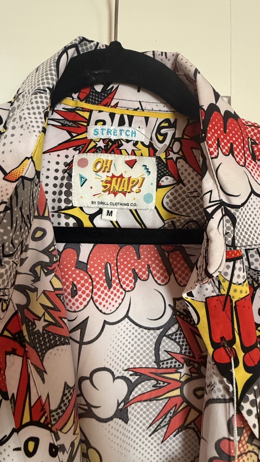 Oh Snap Drill Clothing Comic Pop Art Shirt Mens M Stretch Button Up Bang Pow gallery