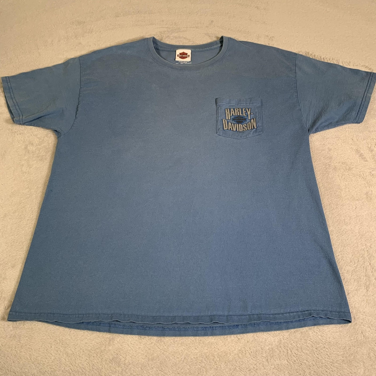 Harley Davidson Shirt Mens XL Blue Denney's Branson Missouri Pocket Graphic FLAW gallery