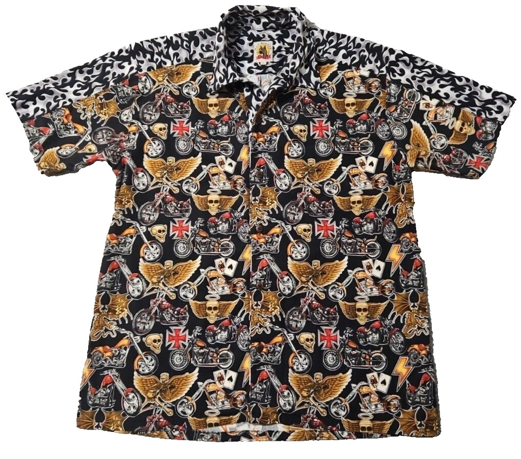 Max Boxxer Skulls Motorcycle Flames Cards Print Shirt Men's Size Large Shirt gallery
