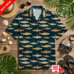 Men’s Rainbow Trout Fish Print Hawaii Shirt, Navy Blue Short Sleeve Button Down
