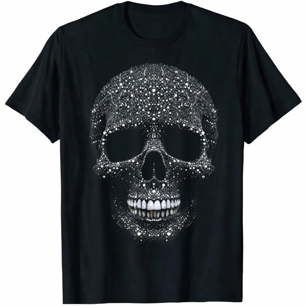 Glitter Rhinestone Skull Sparkle Diamond Single Sided Gothic Black T-Shirt Tee