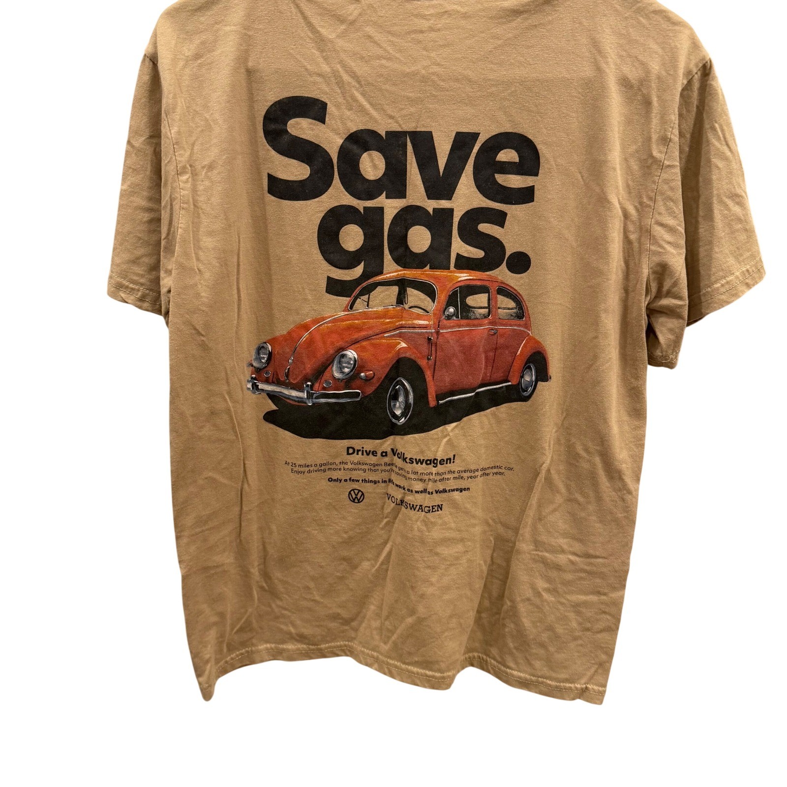 Volkswagen Save Gas Drive a VW Beetle Graphic T-Shirt Tan Mens Medium gallery