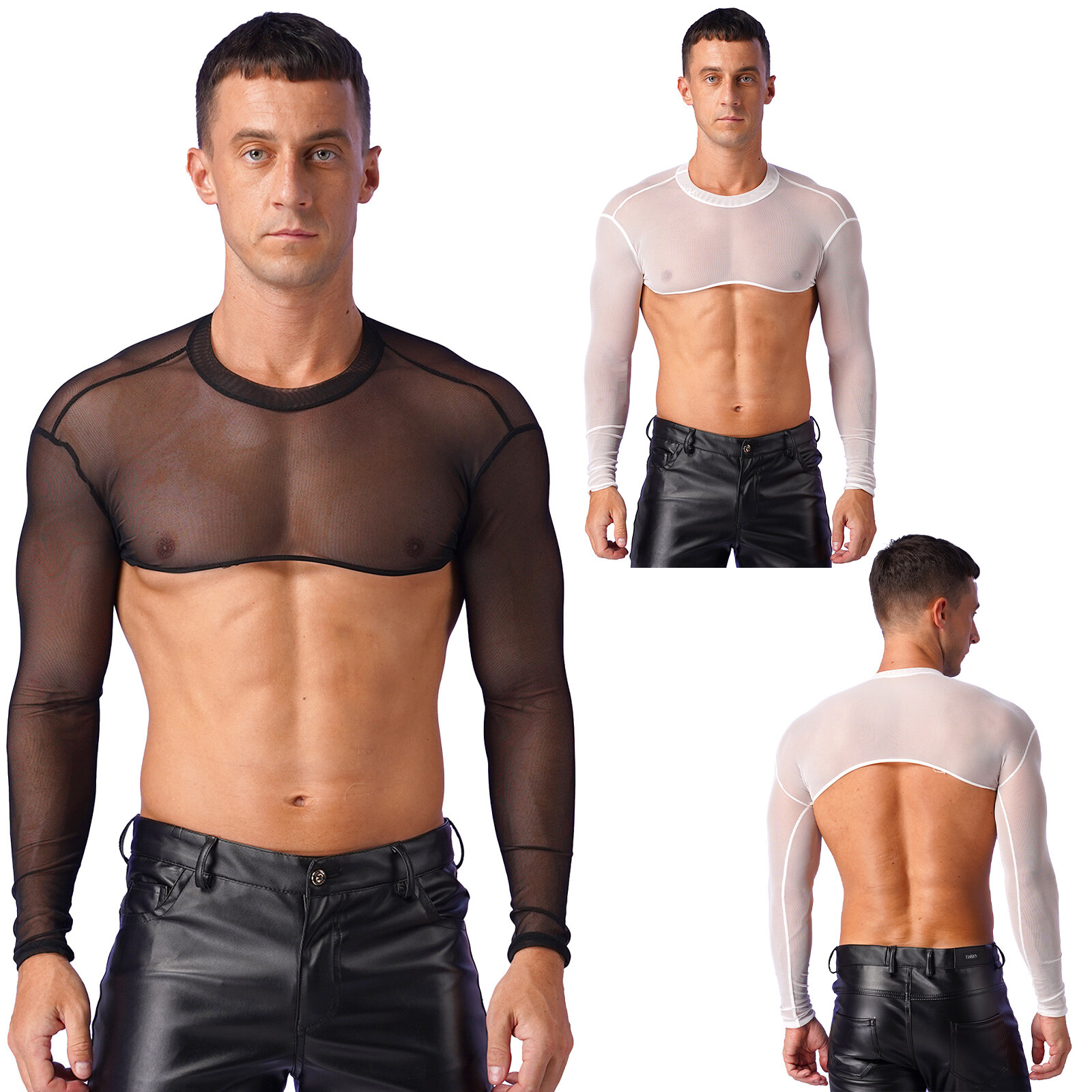 US Mens Sheer Mesh T-Shirt Stand Collar Long Sleeve Crop Tops Shrug Top Clubwear