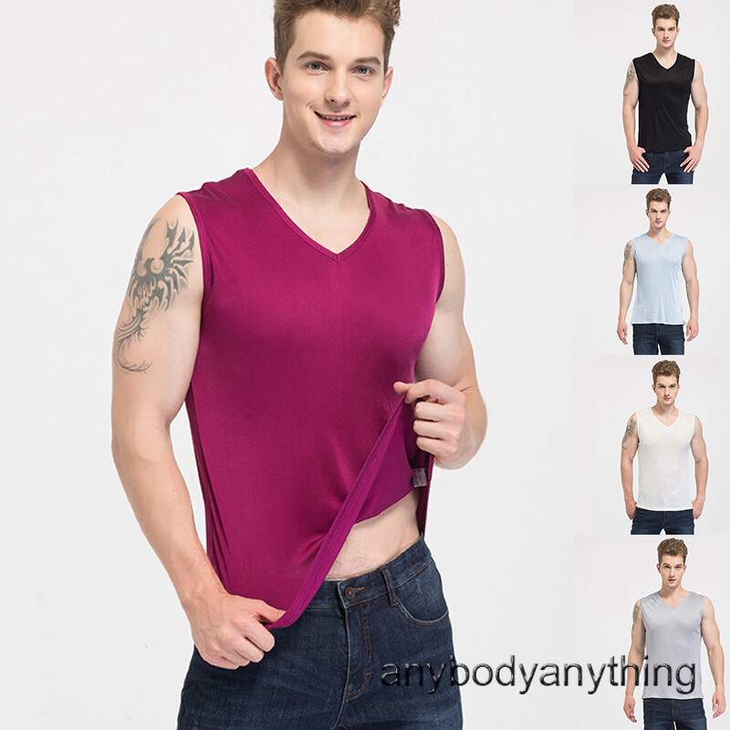 Men Silk Knitted Tank Top V Collar Sleeveless T-Shirt Breathable Undershirt Tops