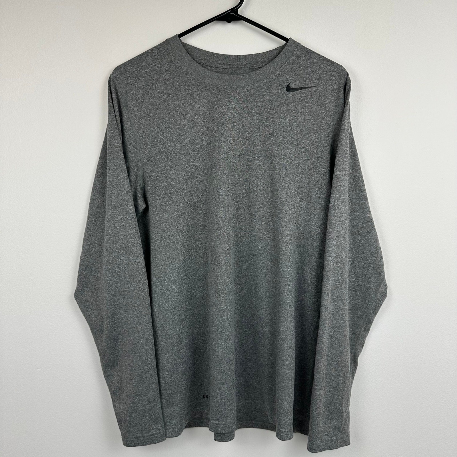 Nike Dri-Fit Mens Long Sleeve Crewneck Logo Activewear Light Grey Shirt Small gallery