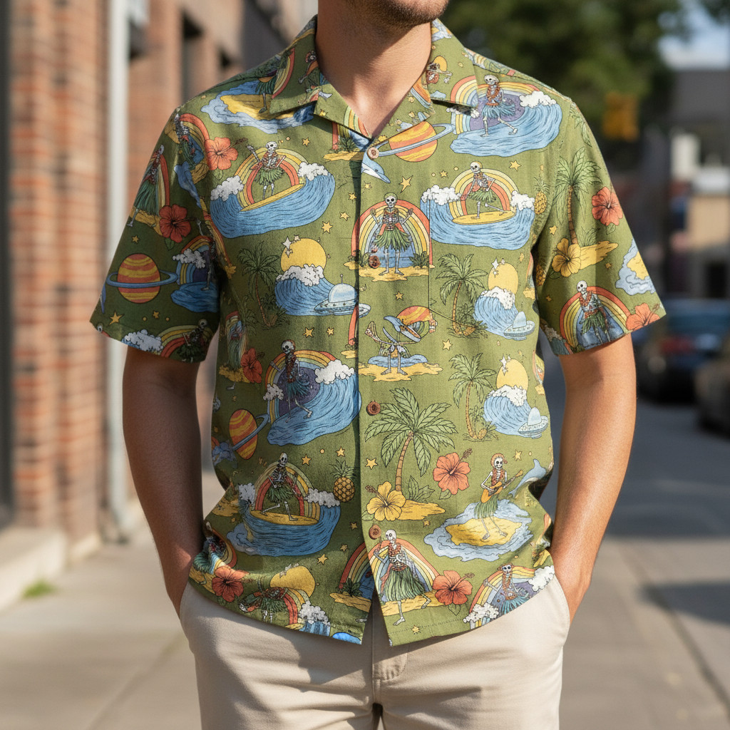 Grateful Dead Far Out Mens Dusty Olive Hawaiian Shirt Aloha Button Down Summer gallery