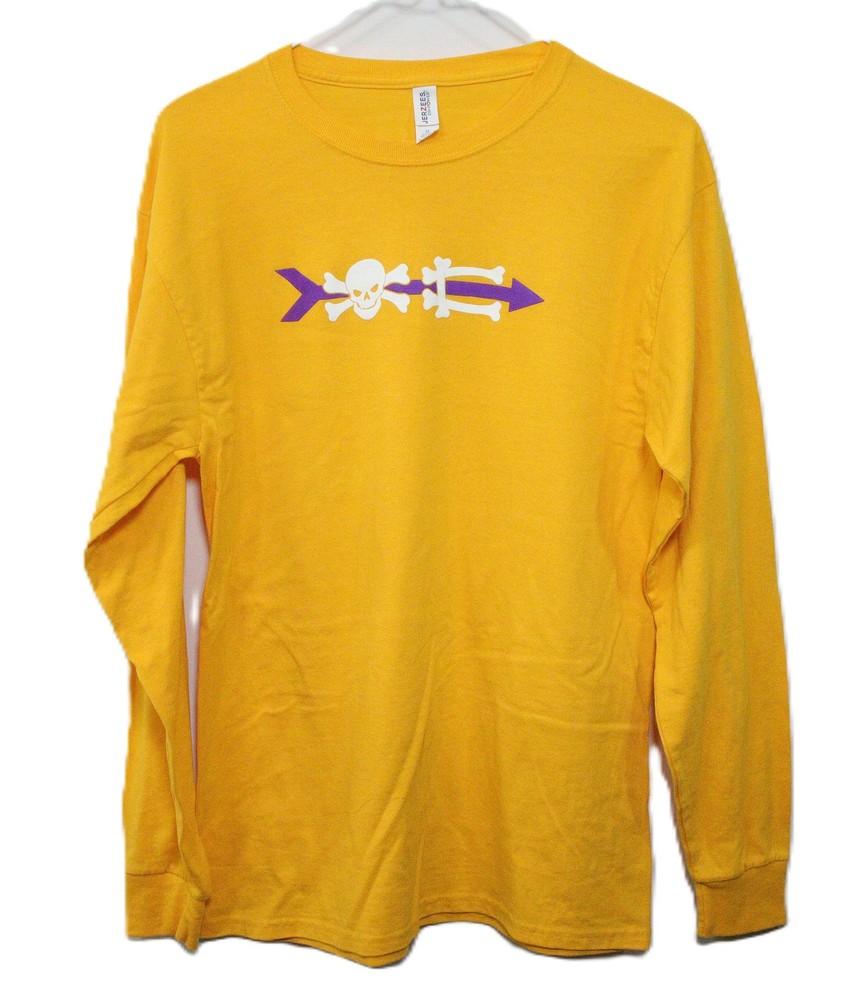 Jerzees DRI-POWER Yellow Long Sleeve T-Shirt Size M Skull Arrow Graphic T0494