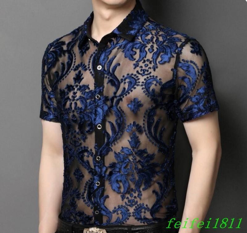 Chic Mens Hollow Out Floral Lace Shirts Short Sleeve Thin Lapel Tops Club Shirts gallery