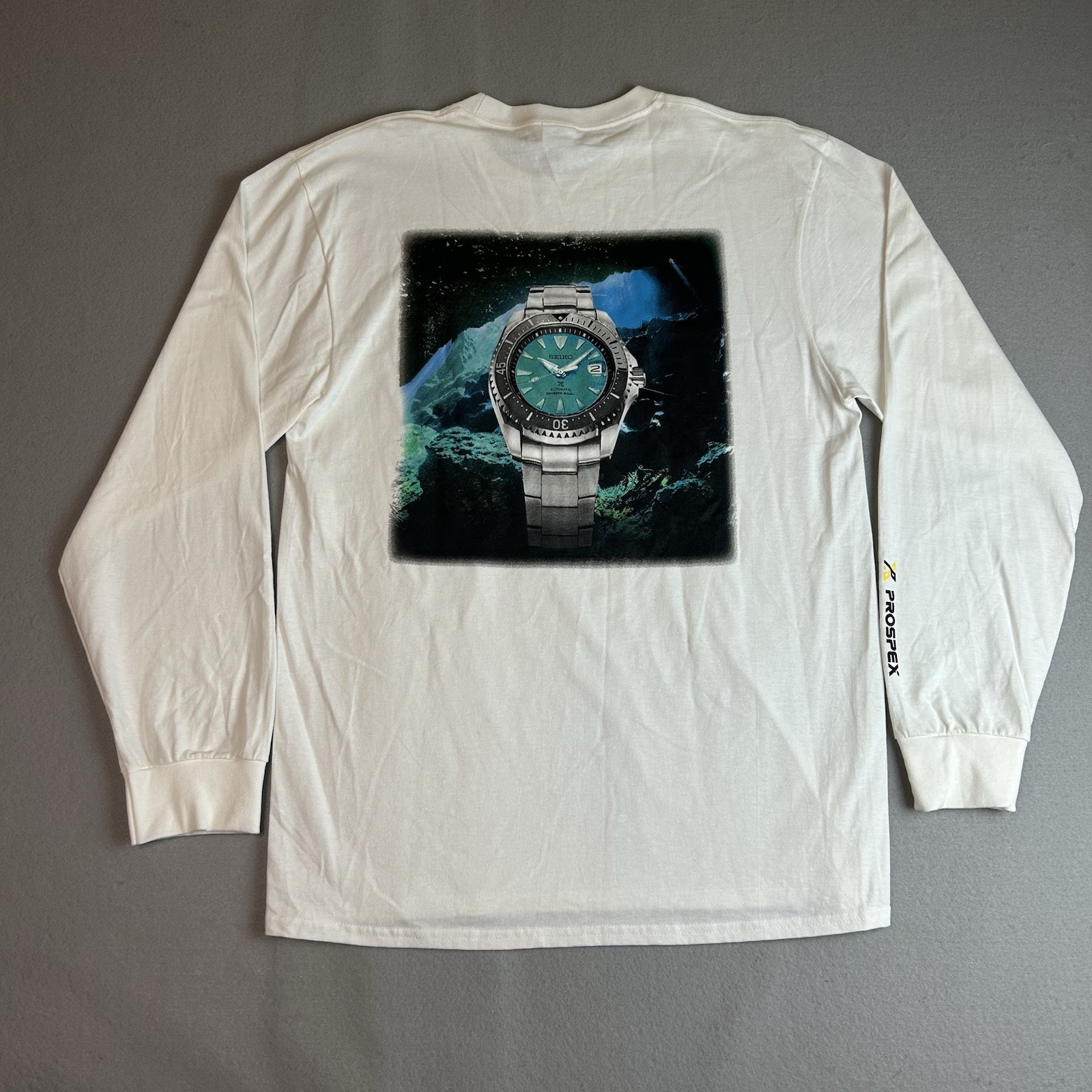 Seiko Divers 200 Prospex Watch Graphic Long Sleeve Shirt White 2 Sided Men’s L