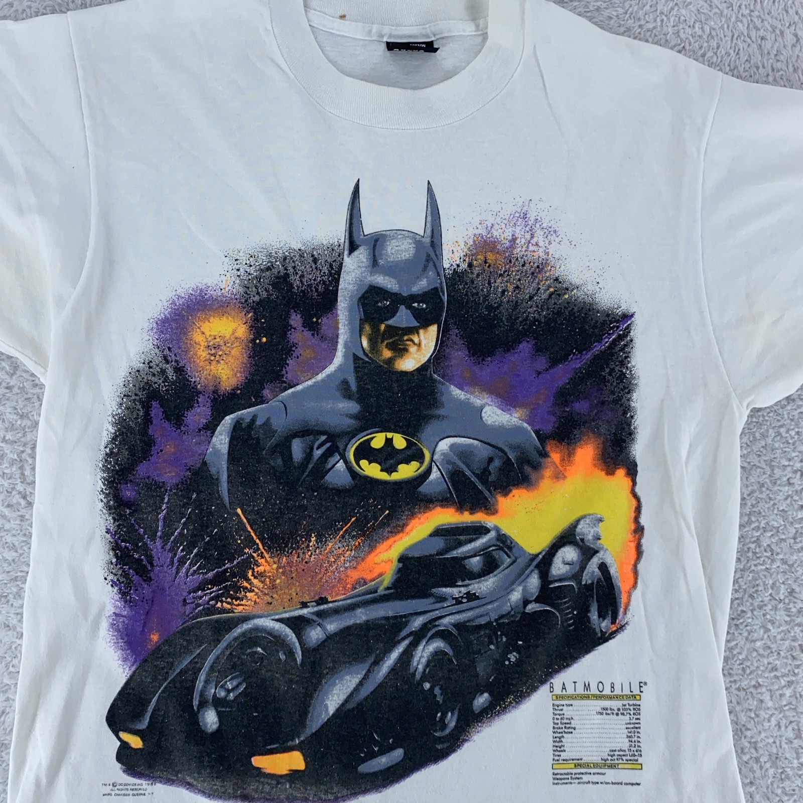 Vintage Batman Batmobile Shirt Medium White 1989 DC Comics Movie Tee 80s 90s