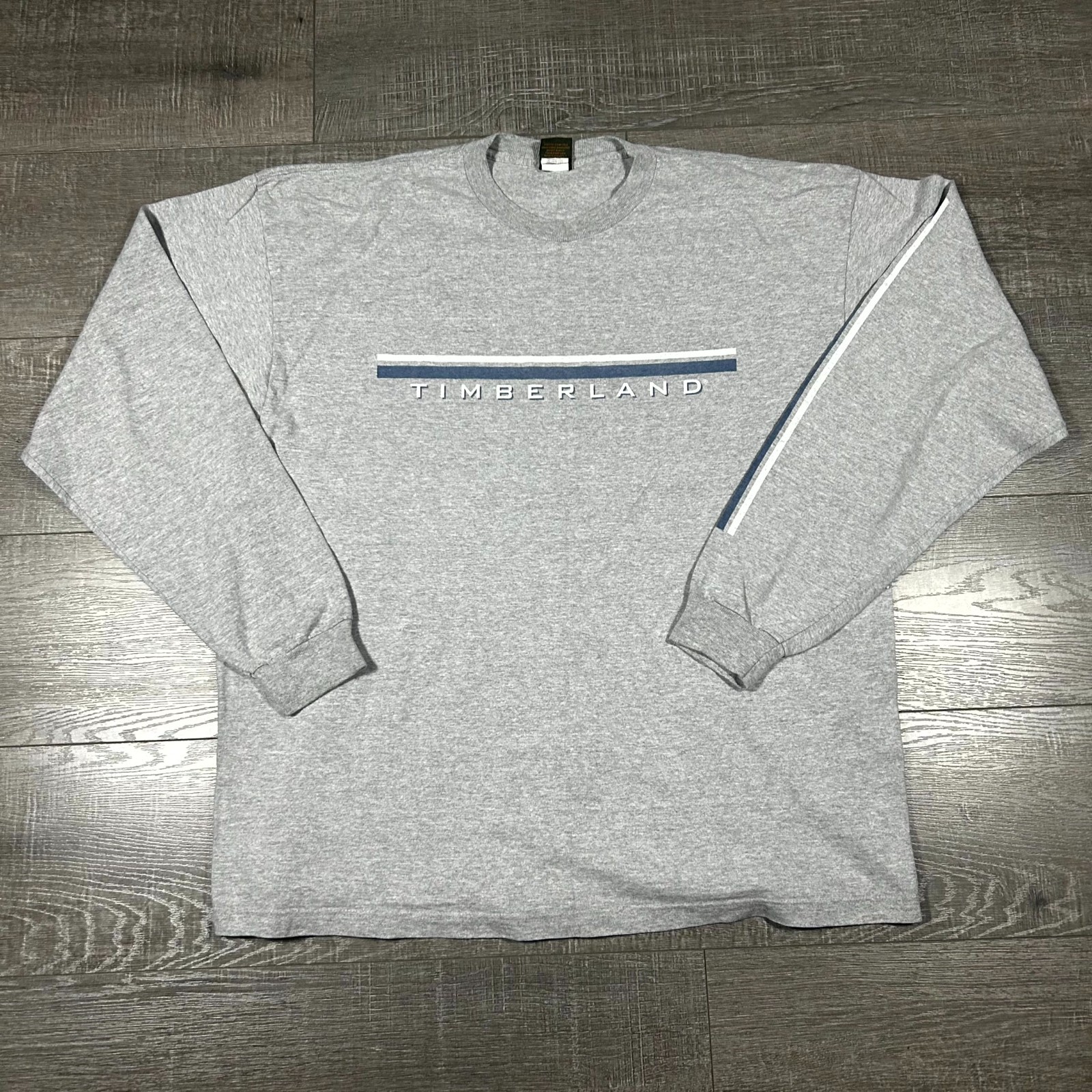 VTG 90s Timberland T-Shirt Men's XL Gray Spell Out Graphic Logo Ribbed Cuff USA gallery
