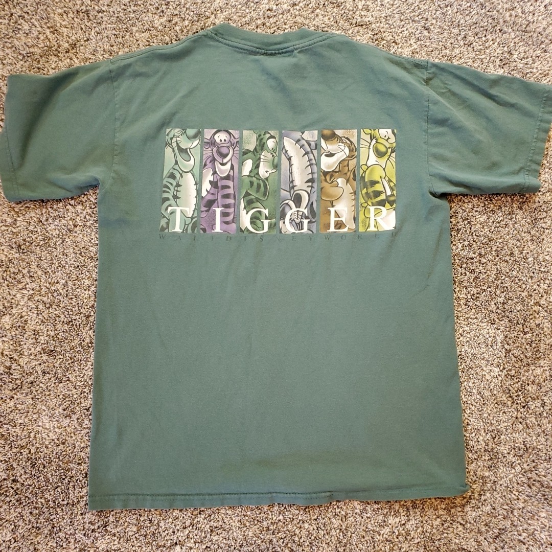VTG Disney World Mens Medium Faded Green Tigger T-Shirt Double Sided 100% Cotton