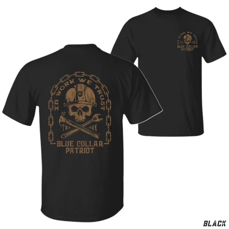 Blue Collar Patriot Skull T-Shirt, Rugged Workwear Graphic Tee, gallery