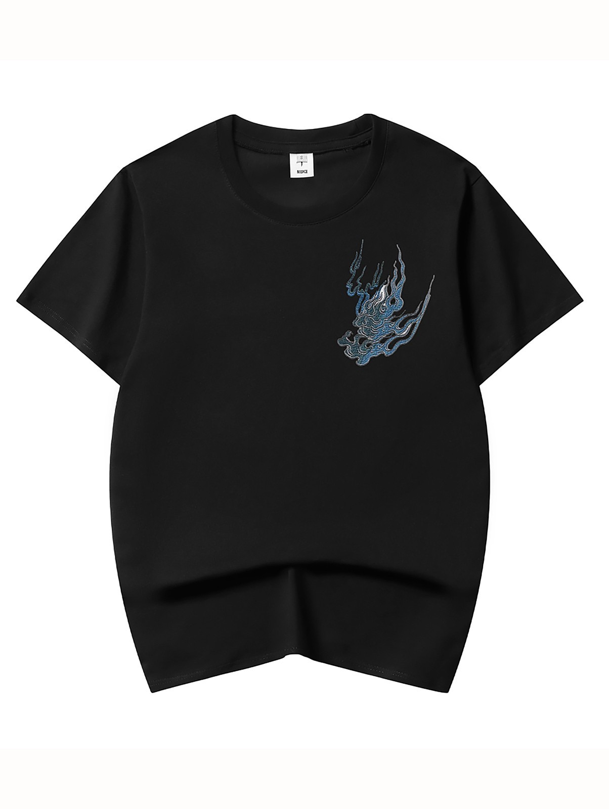 Niepce Men's White Tiger with Blue Flames Embroidery Japanese Streetwear Tee gallery