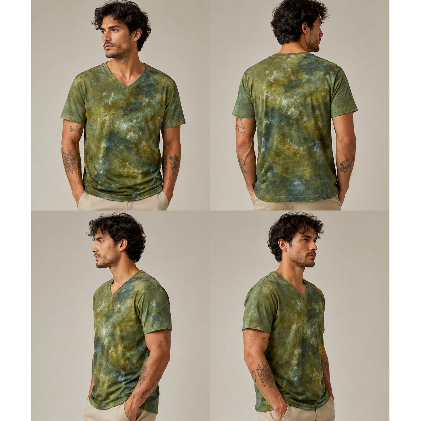 James Perse Relaxed V-Neck Tie Dye Tee Green Earth Tone Size 2 Custom OOAK