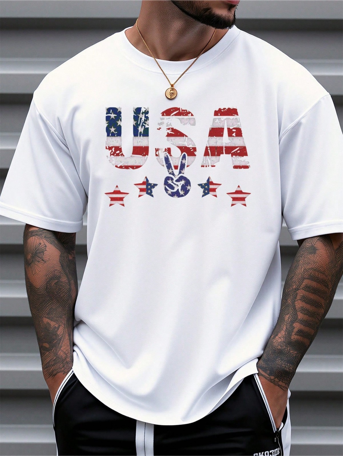 Men's American Flag Print T-Shirt Stripes Design With Bold USA Lettering gallery