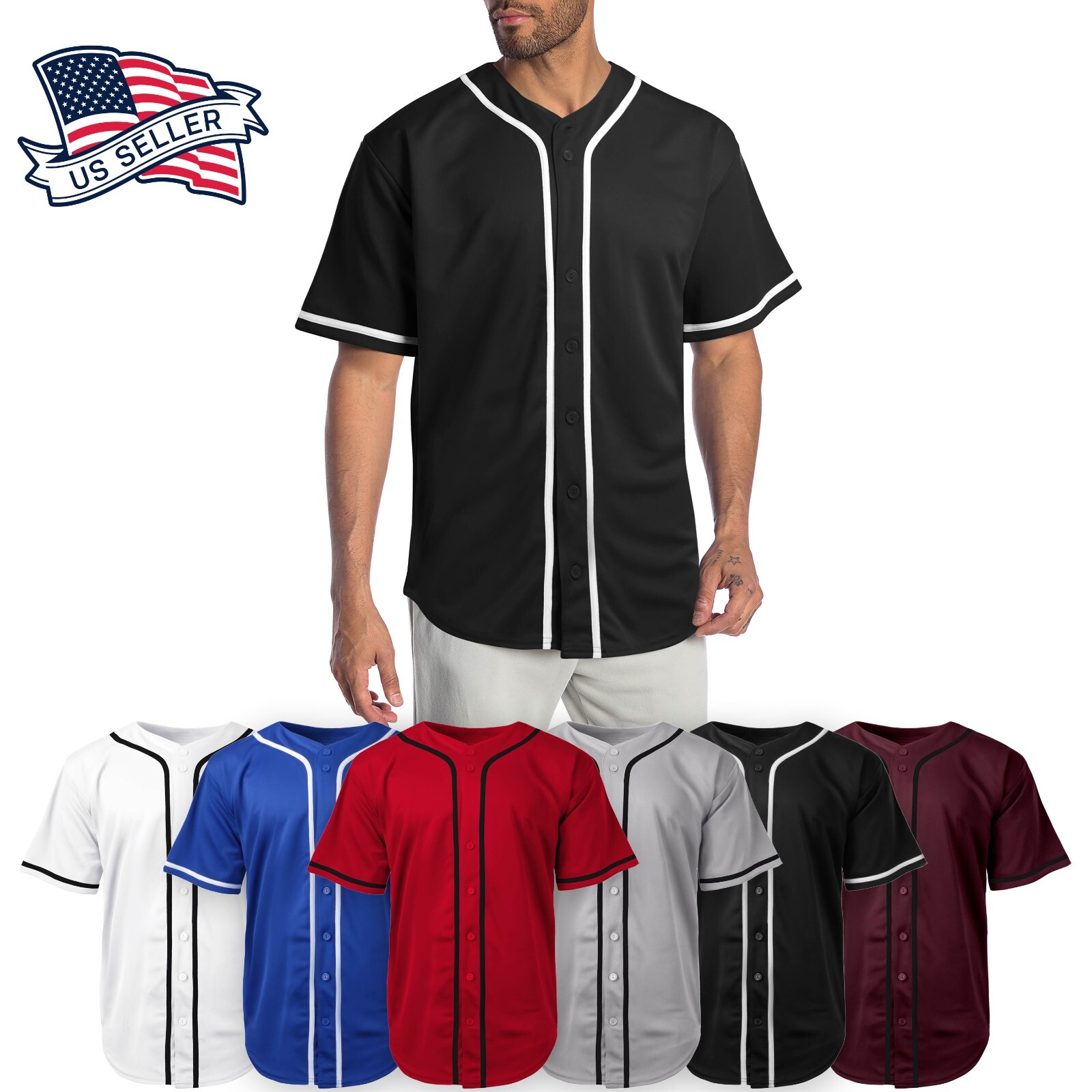 Mens Baseball Jersey MLB Plain T Shirt Team Uniform Solid Button Tee gallery