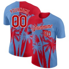Custom Light Blue Red White Hawaii Palm Tree T-Shirt Tropical Summer Mens Tee