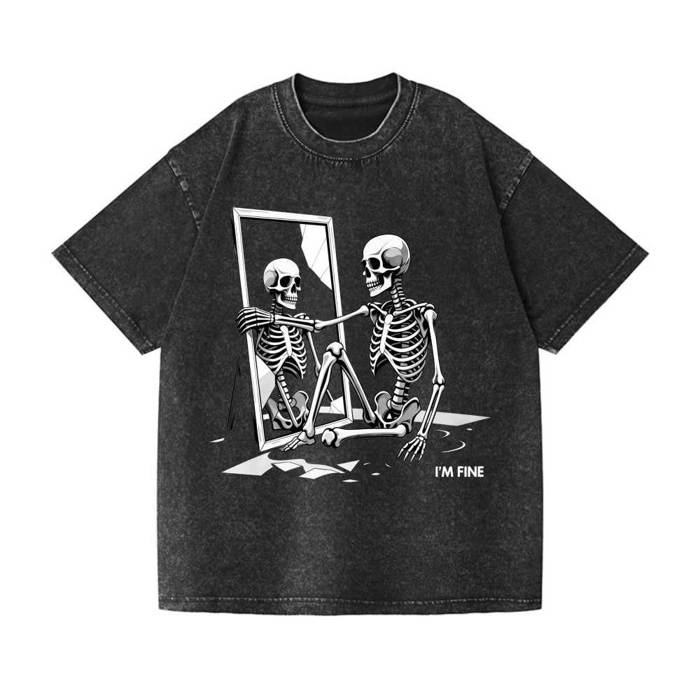 Funny Sarcastic "I'm Fine" Skeleton Graphic Washed Streetwear T-Shirt gallery