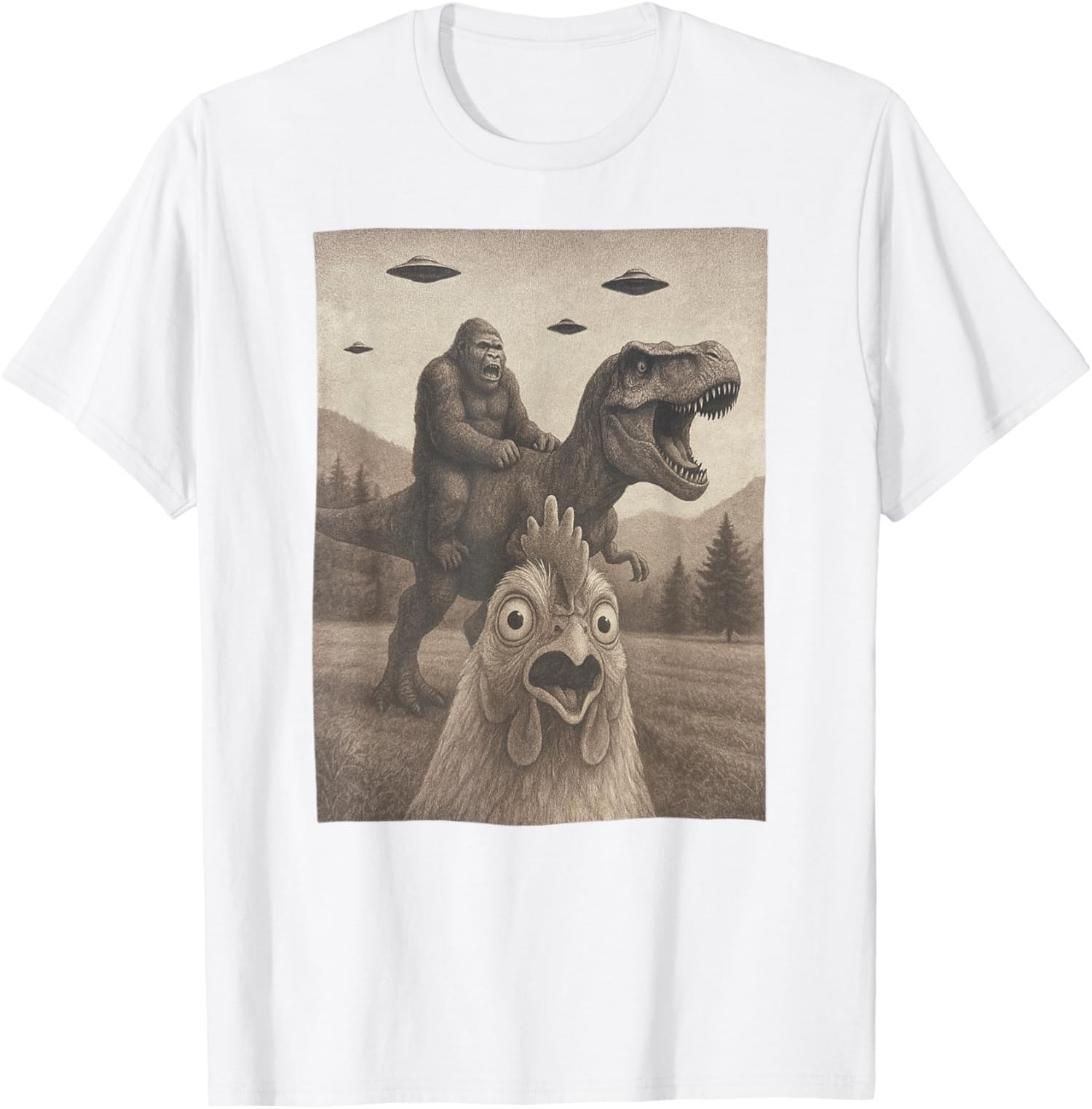 Funny Chicken, Chicken Selfie Bigfoot Riding T rex Fu Unisex T-Shirt gallery