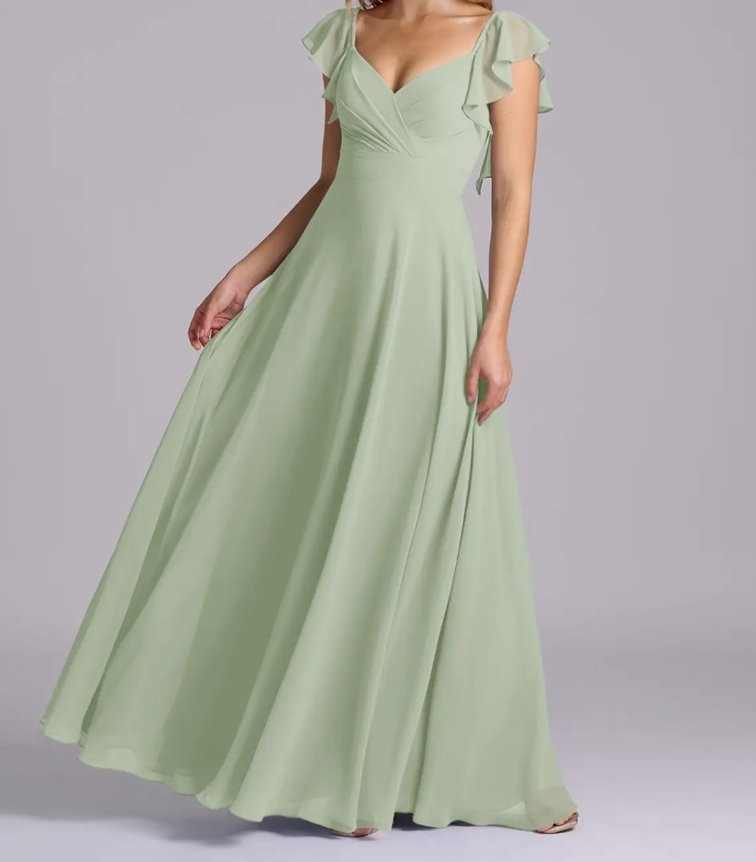 NEW Azazie SELAH Dusty Sage Green Flutter-Sleeve Chiffon Gown Size A6 Bridesmaid