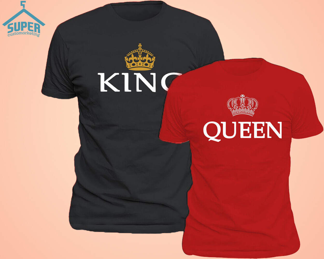 King Queen Couple TSHIRT Cartoon Funny Couple Tee Shirt Couple T-Shirt BLACK-RED