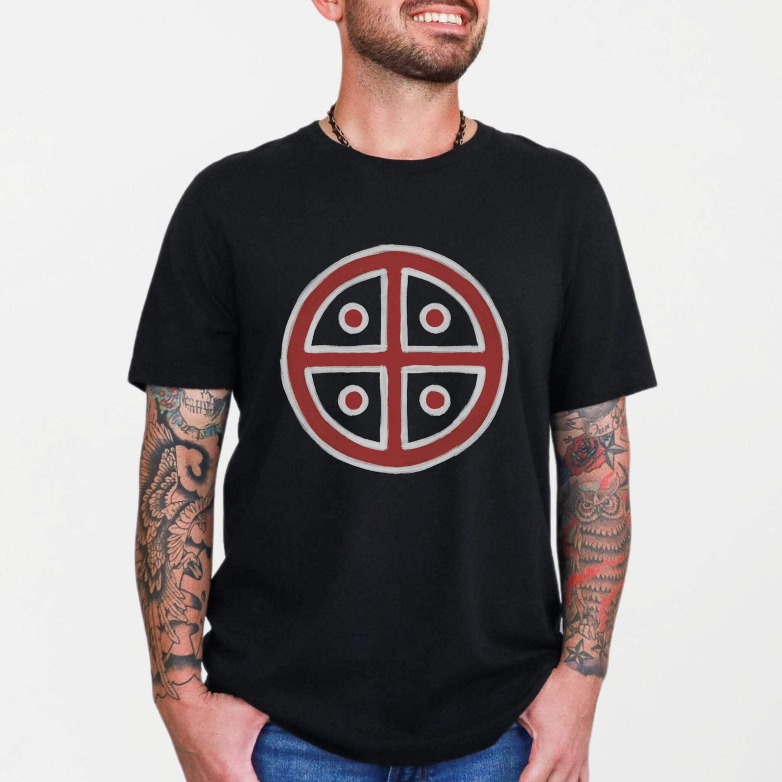 Red & White Solar Cross T-Shirt | Ancient Sun Symbol Graphic Tee Shirt gallery