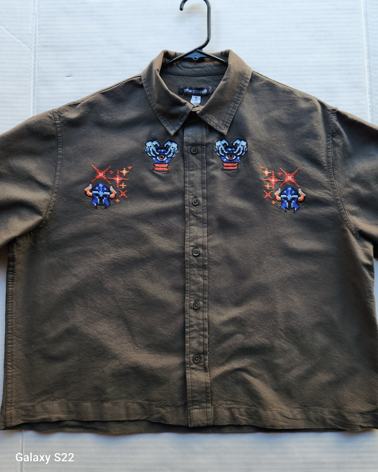 Urban Outfitters Men's Apparel Dark Olive Woven Top Polo Shirt - Size: Medium gallery