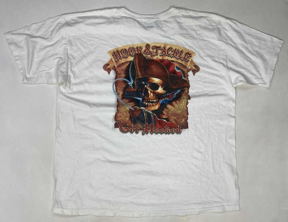 Hook & Tackle Get Hooked Graphic Pocket T-shirt Men XXL White Pirate Skull