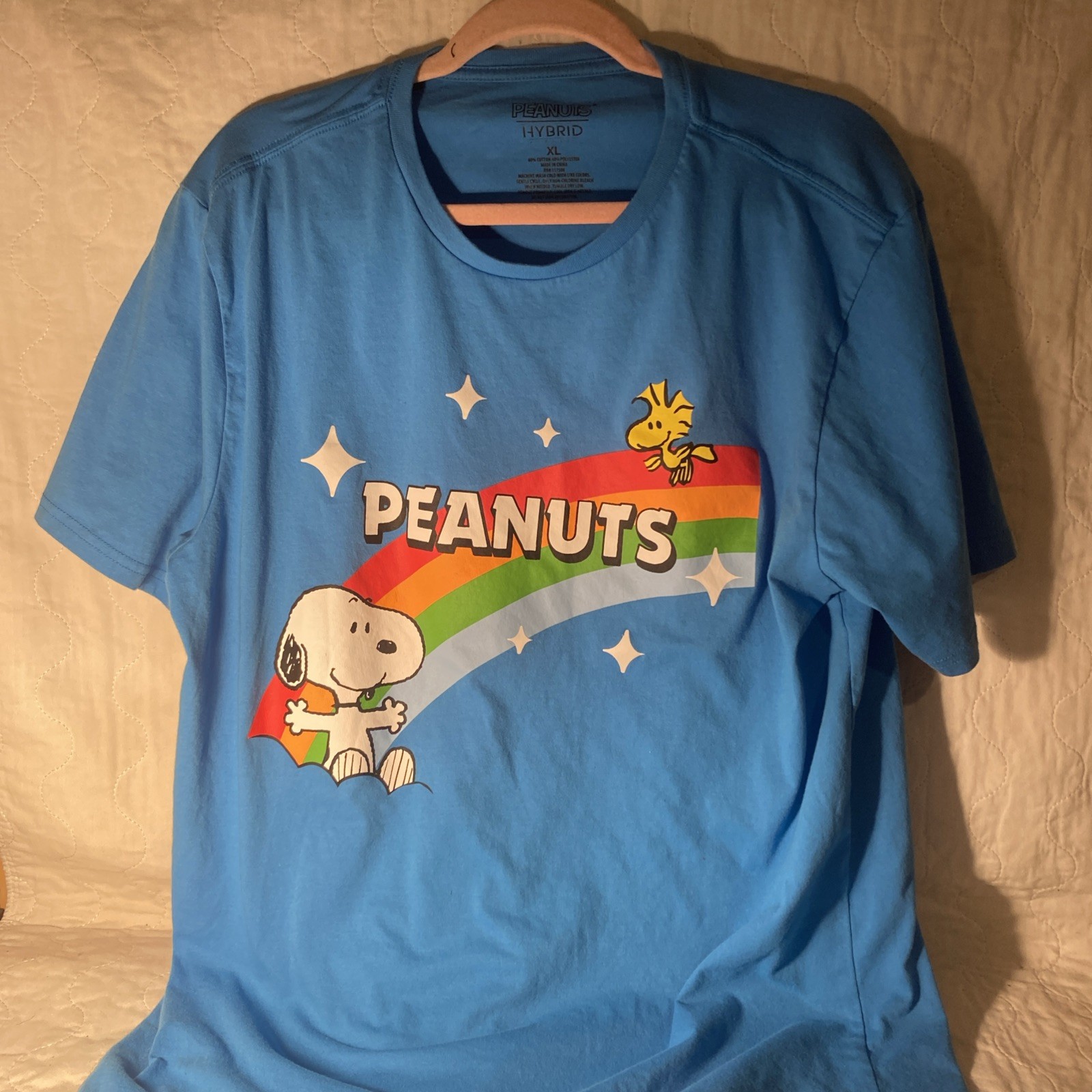 Mens Peanuts Snoopy and Woodstock Blue T Shirt XL Rainbow Graphic Cartoon #G120