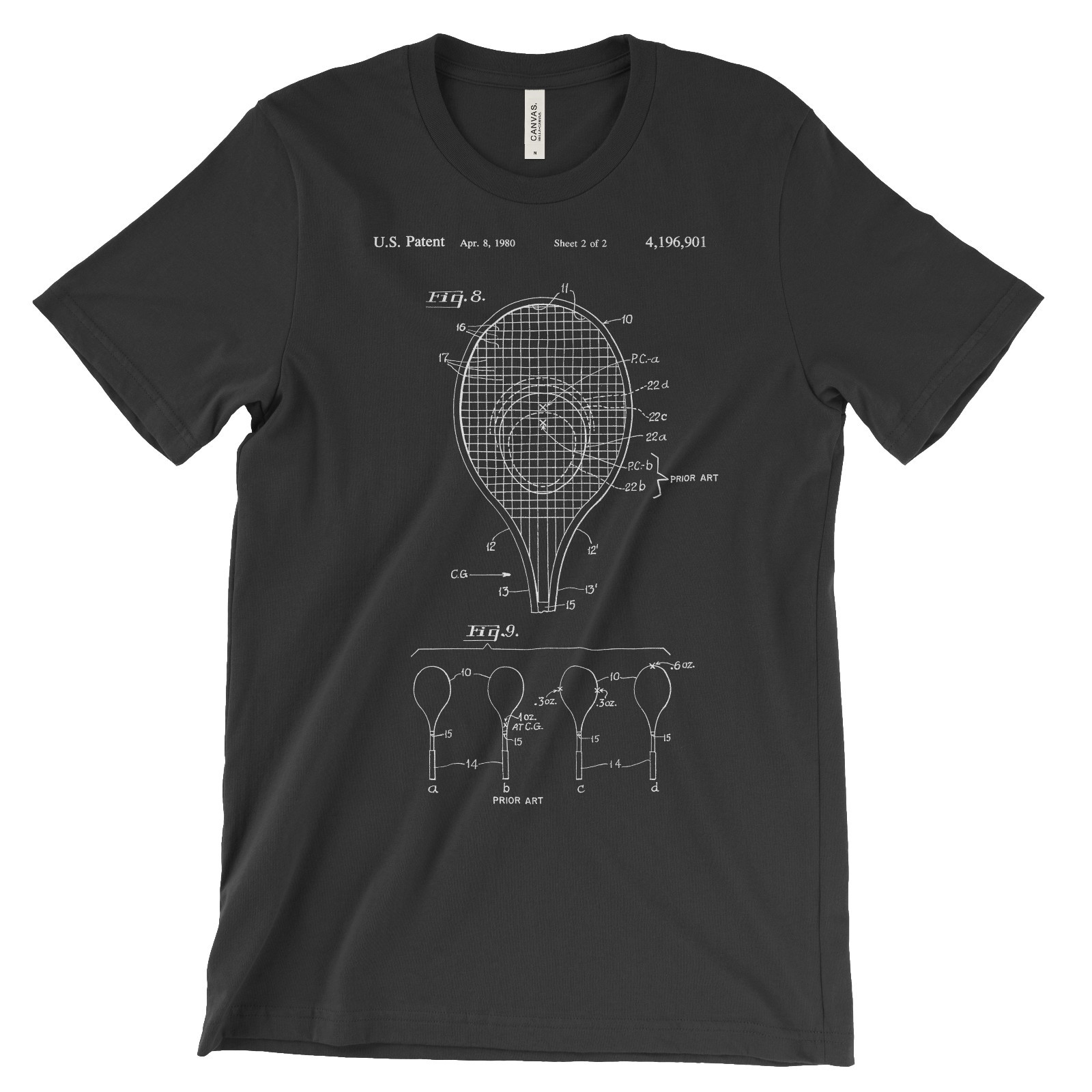 Tennis Racket Patent T-Shirt.100% Cotton Soft Comfy Tee on Black White or Gray