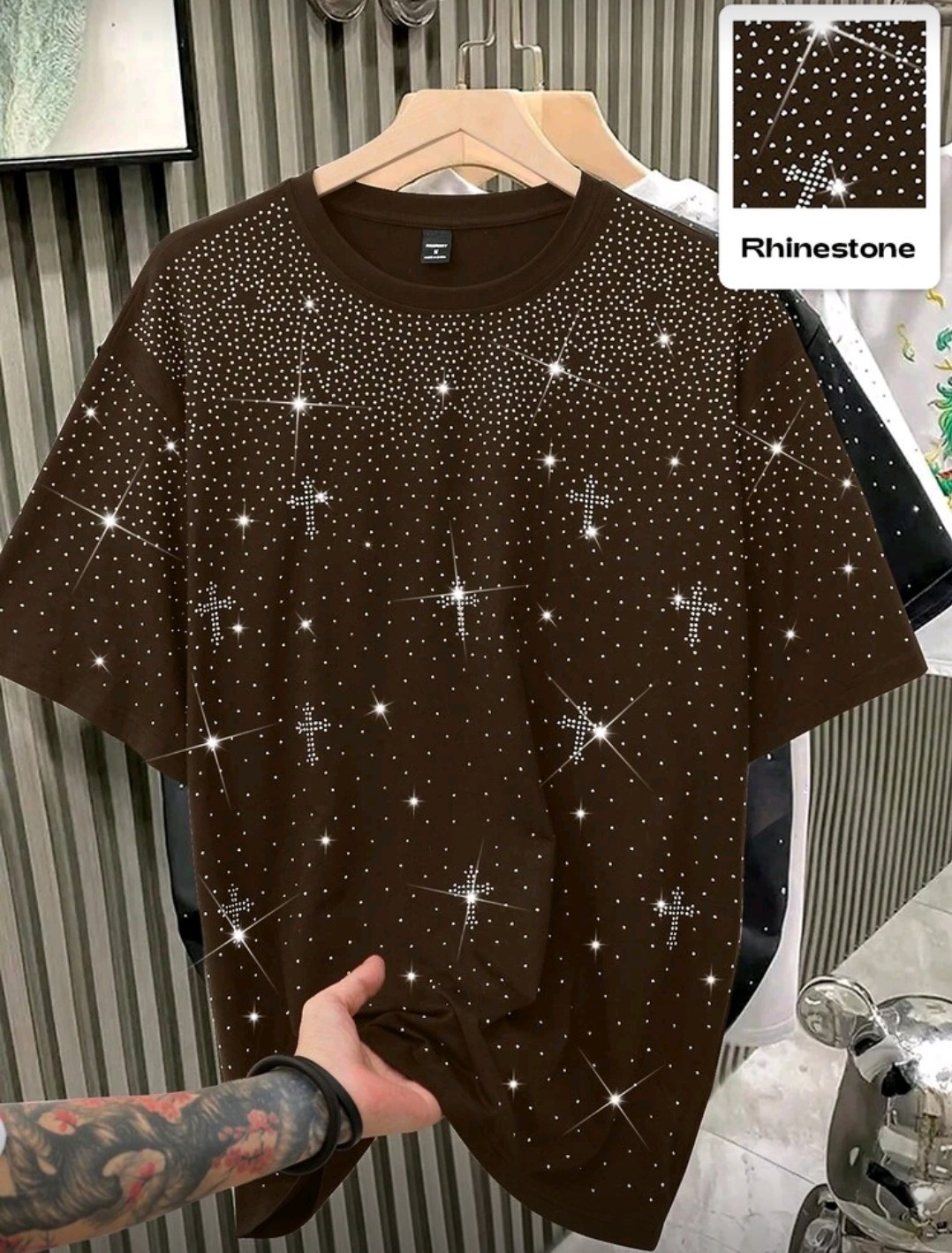 New Men Women Luxury Diamond Crosses Stars Rhinestones Fashion T-Shirt 7 Colors gallery