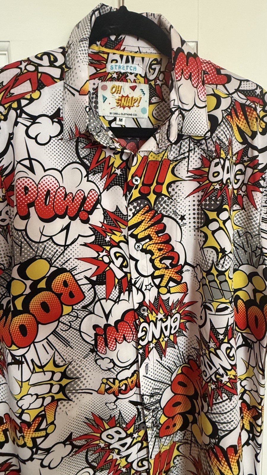 Oh Snap Drill Clothing Comic Pop Art Shirt Mens M Stretch Button Up Bang Pow gallery