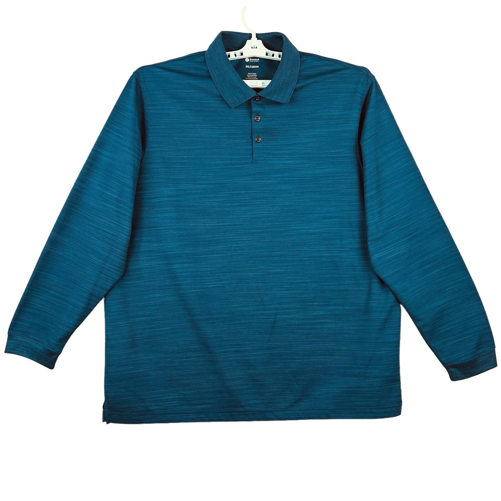 Haggar Men Polo Shirt 2XLT Long Sleeve Heather Blue Stretch Buttons Placket NWOT gallery