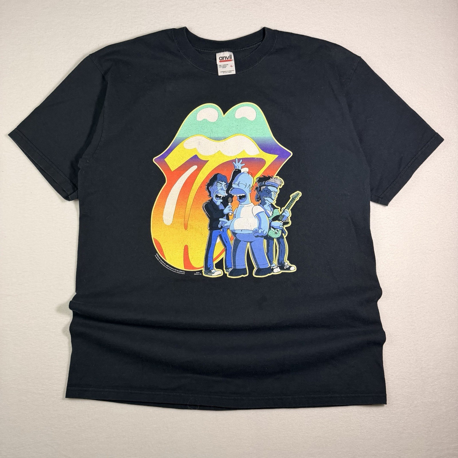 Vintage Y2K Rolling Stones Simpsons Band Tee Shirt 2002 Anvil Black Large USA