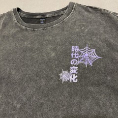 Romwe Black Skull Spiderweb Japanese Text Graphic T Shirt Men’s M Acid Washed