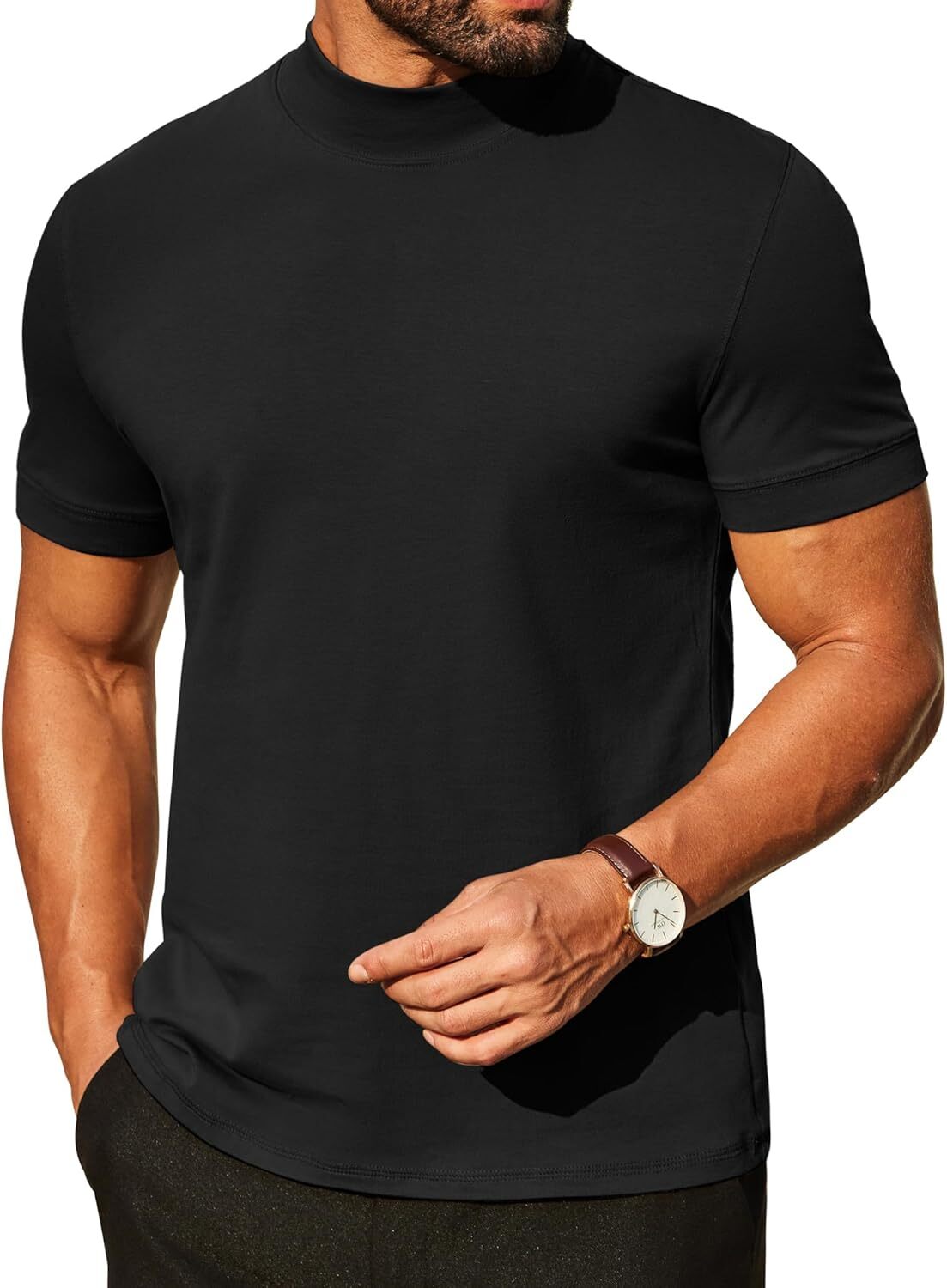 Mens Premium Cotton Short Sleeve Mock Turtleneck Half Neck Basic Tee Casual Fit gallery