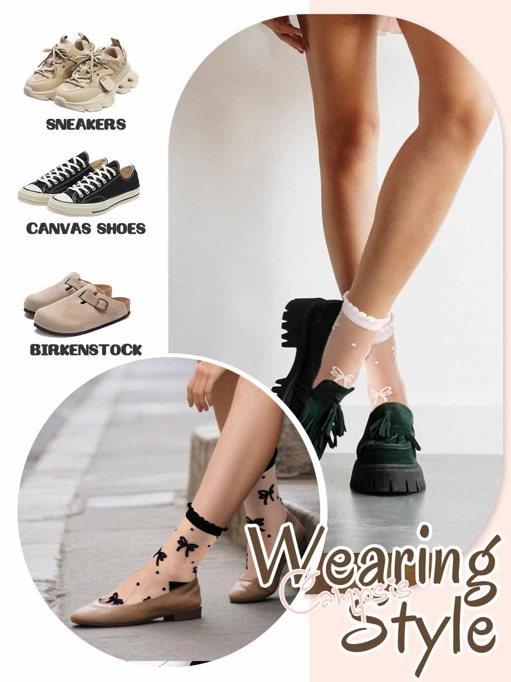 Womens Sheer Ankle Socks Polka Dot Bow Pattern 4 Pairs Black White gallery
