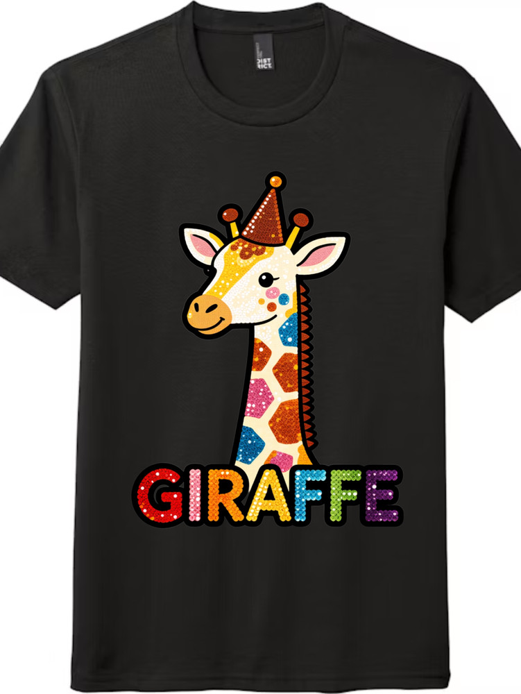 Cute Crown Giraffe Glitter Tee, Rainbow Graphic Casual T-Shirt for Men Women