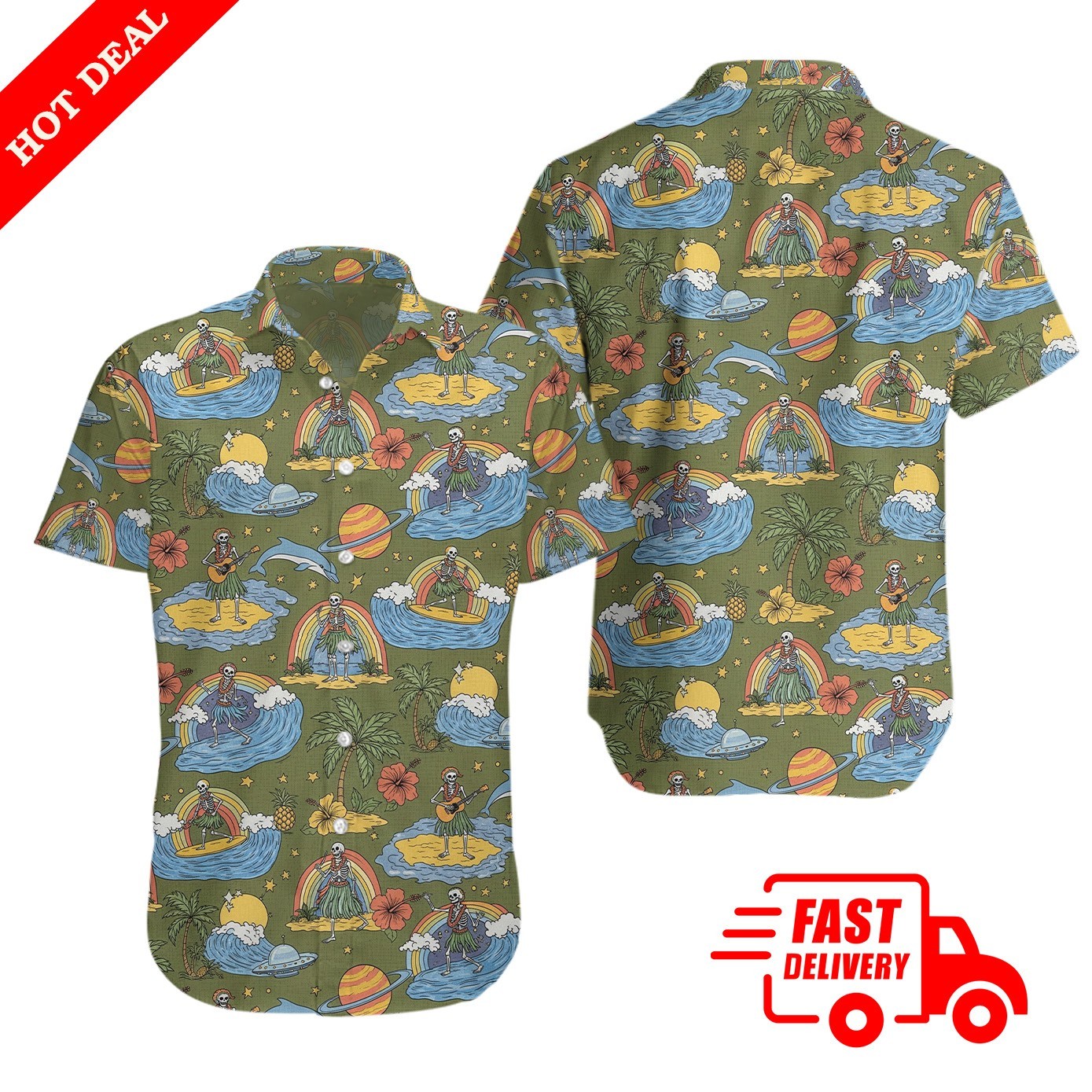 Grateful Dead Far Out Mens Dusty Olive Hawaiian Shirt Aloha Button Down Summer gallery