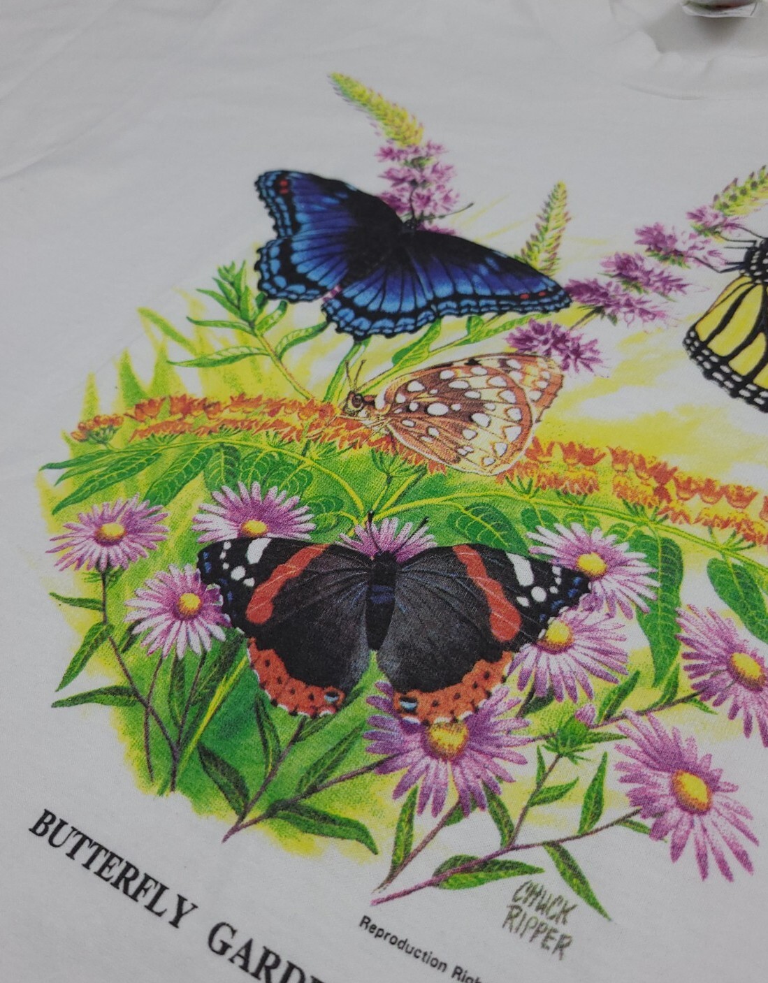 Vintage 90s Butterfly Garden Art Print Shirt Vtg Nature Flowers USA Multicolor gallery