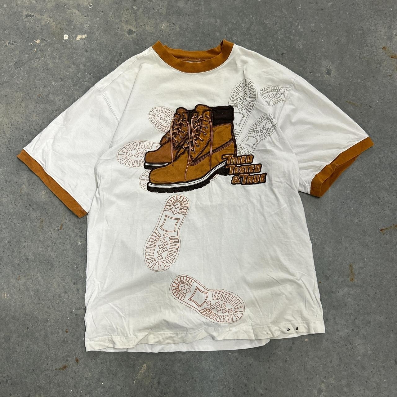 Vintage 00s Y2K Raw Blue Lace Up Boots Rare 3D White Tan Tee XXL