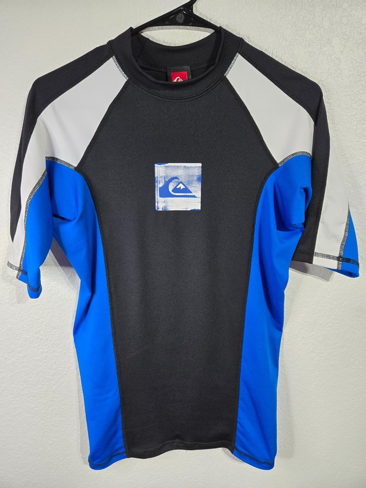 Quicksilver Surf Shirt Mens Size Medium Blue White Black Surfing Beach Swim Tee