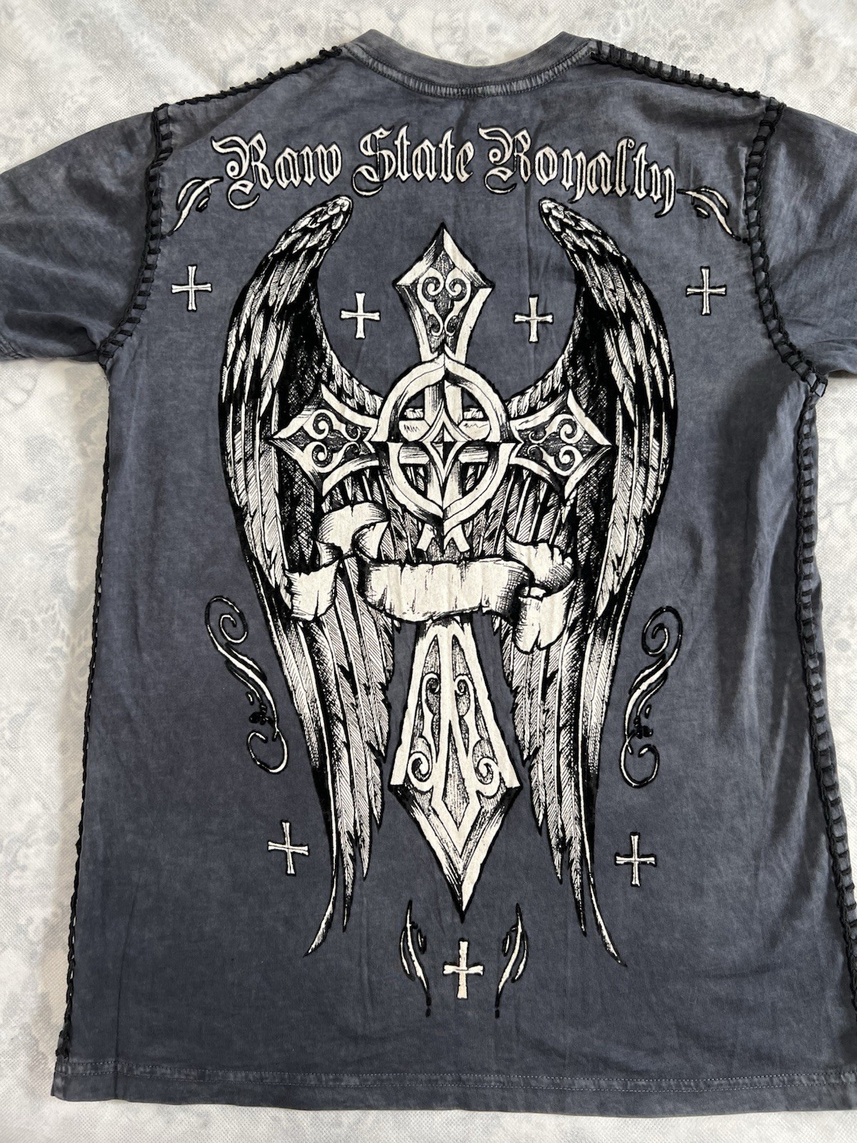Raw State Shirt Sz M Gray Cross Angel Wings Royalty Stitch Premium Y2K Goth VTG gallery