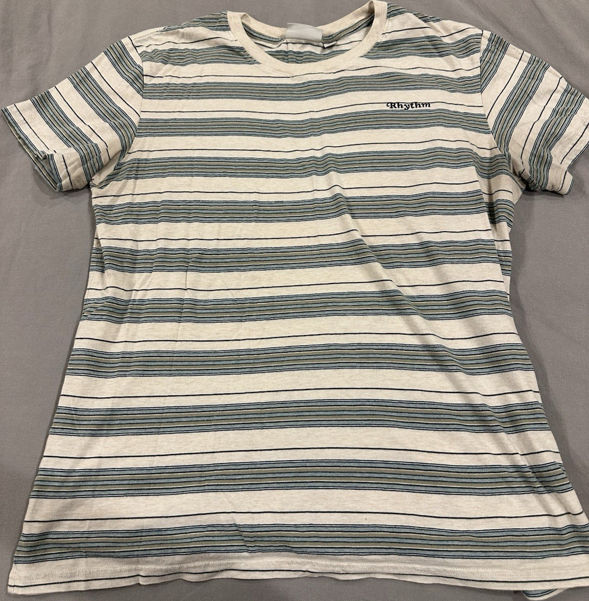 Rhythm Men’s Striped Knit Crew Neck Logo T-Shirt Beige Blue Green Size L