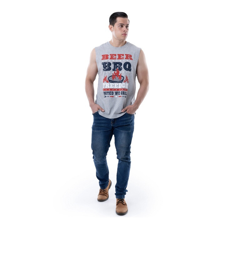 Way To Celebrate Men's Gray Americana Graphic Beer BBQ United Muscle Tank Top gallery